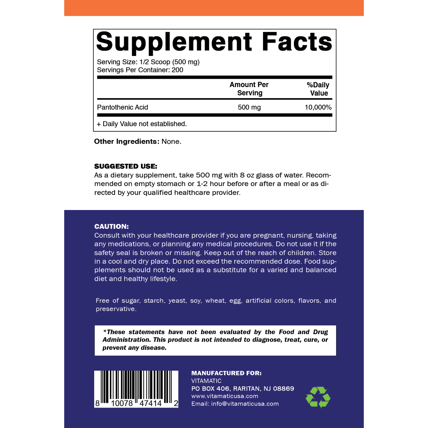 Pantothenic Acid vitamin B5 | 500mg per Serving