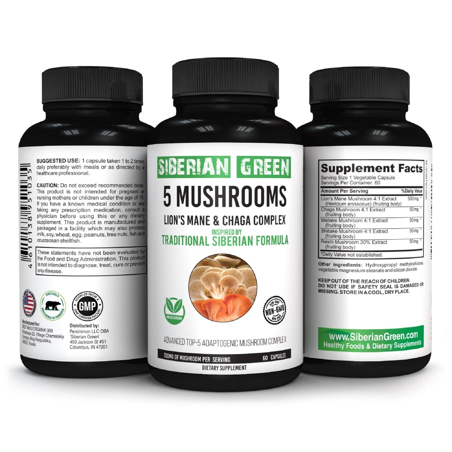 SiberianGreen - 5 Mushrooms Siberian Green Lions Mane Chaga Shiitake Maitake Reishi 60 Caps