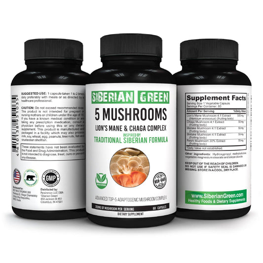 SiberianGreen - 5 Mushrooms Siberian Green Lions Mane Chaga Shiitake Maitake Reishi 60 Caps