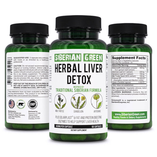 Herbal Liver Detox Siberian Green 60 Caps - Milk Thistle Artichoke Dandelion